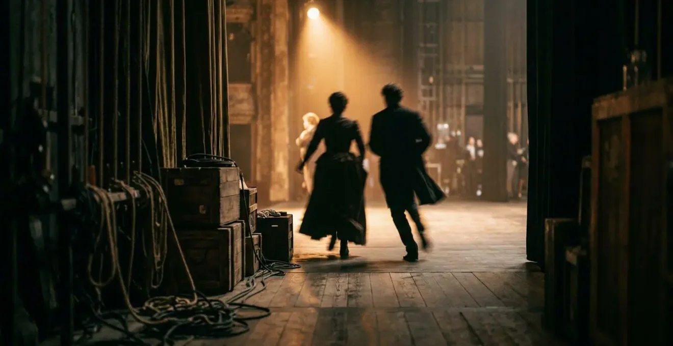 Coulisses d'un théâtre parisien baignées d'une lumière dorée, silhouettes floues en mouvement avant une représentation