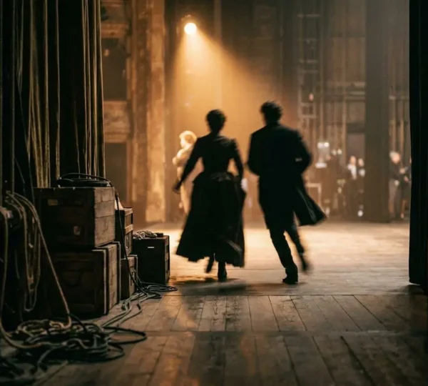 Coulisses d'un théâtre parisien baignées d'une lumière dorée, silhouettes floues en mouvement avant une représentation