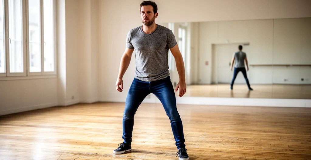 Exercice d'ancrage corporel dans salle de cours de théâtre, travail sur la présence