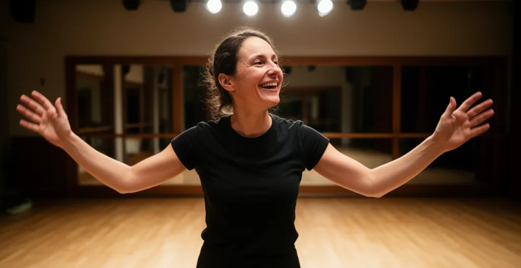 Femme trentenaire en pleine improvisation théâtrale, expression libérée et bras ouverts