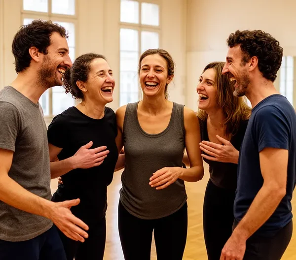 Groupe d'adultes riant pendant un exercice de théâtre dans une salle de répétition lumineuse