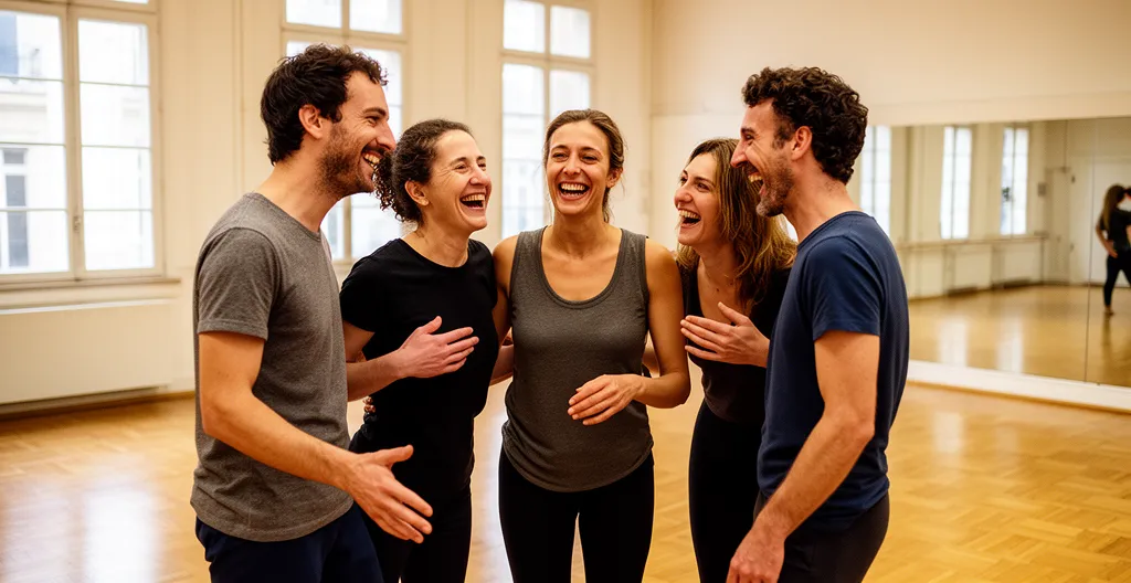 Groupe d'adultes riant pendant un exercice de théâtre dans une salle de répétition lumineuse