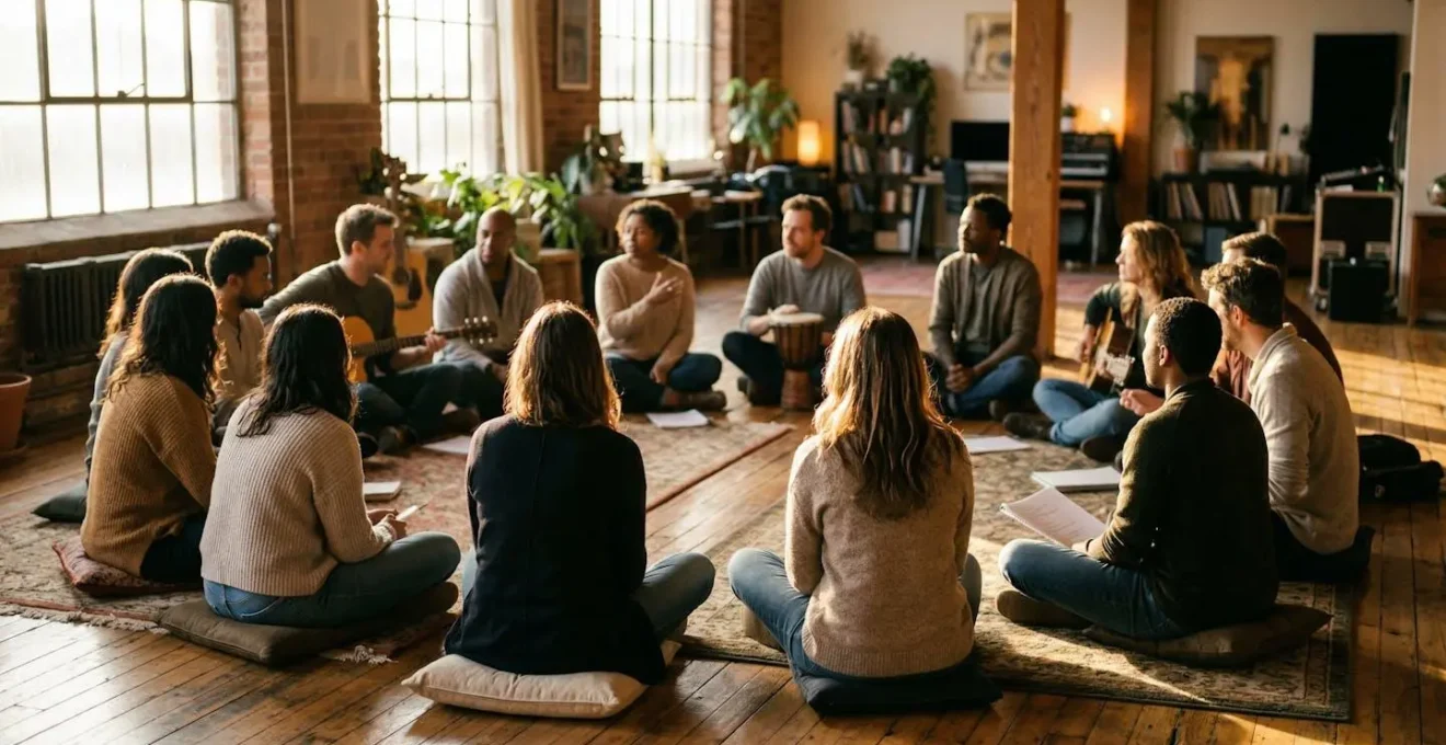 Groupe de personnes vues de dos et de trois-quarts formant un cercle dans un espace lumineux de répétition