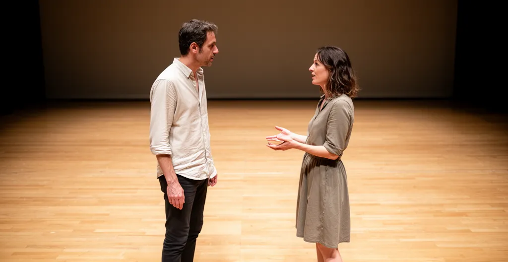 Deux adultes en improvisation théâtrale sur scène, interaction naturelle et lâcher-prise