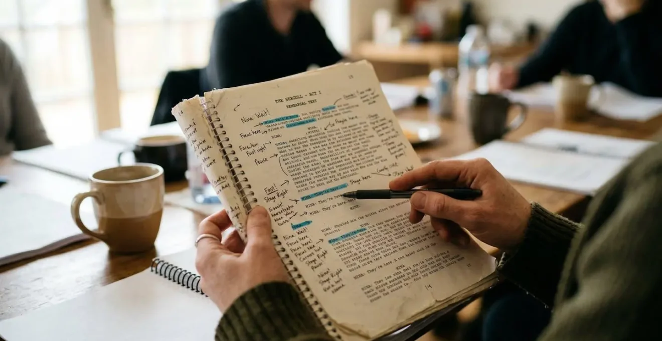 Mains tenant un texte de théâtre couvert d'annotations au stylo, sur une table de répétition avec tasses de café floues en arrière-plan