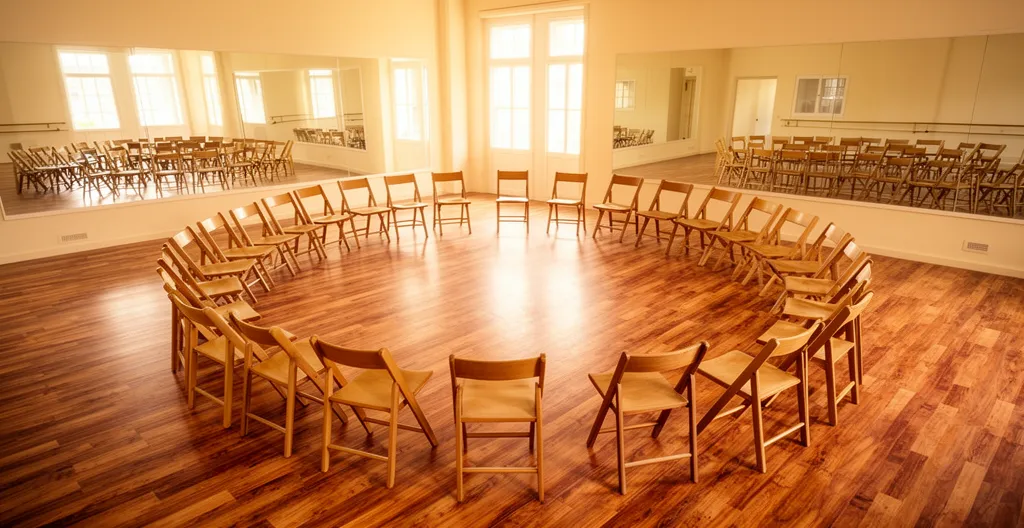 Salle de cours de théâtre avec chaises disposées en cercle et lumière naturelle
