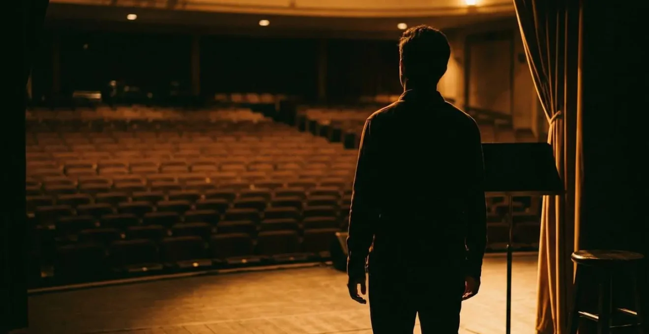 Silhouette seule face à des rangées de sièges de théâtre vides, baignée dans une lumière de scène dorée